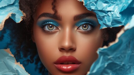 Young black woman with beautiful bright brown eyes with shining blue shadows, beige lipstick and expressive eyebrows, pitted look of colored paper, fashion, beauty, make-up, cosmetics, salon style - obrazy, fototapety, plakaty
