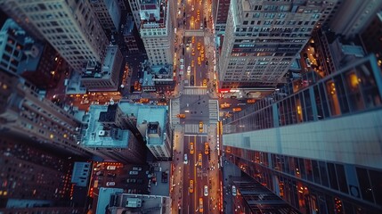 Dynamic aerial view of a bustling urban landscape, captured from a high vantage point - obrazy, fototapety, plakaty