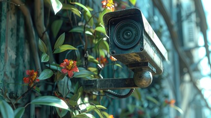 Overgrown Surveillance Camera Amongst Leaves