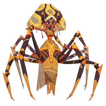 An illustration of Arachne spider, dressed in yellow attire, mythic creature