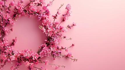 Flowers composition. Wreath made of pink flowers on pink background. Flat lay, top view, copy space