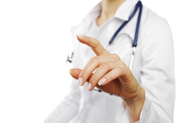 Medical expert with finger poised to interact with a digital touchscreen interface