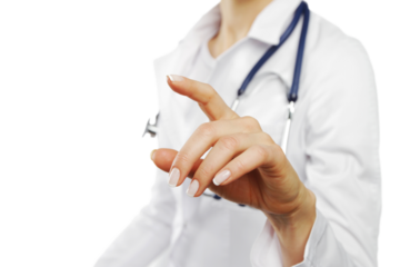 Medical expert with finger poised to interact with a digital touchscreen interface