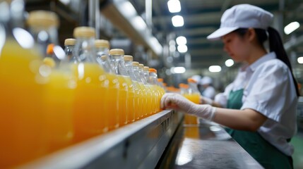 Manufacturer checking product bottles fruit juice on the conveyor belt in the beverage factory. worker checks product bottles in beverage factory. Inspection quality control