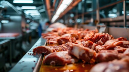 Production line in the food factory.Factory for the production of food from meat.Industrial equipment at a meat factory.Automated production line in modern food factory.People working.