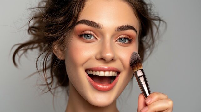 Shiny ideal perfect lady silky eyelashes artist girlish feminine nude concept. Portrait of excited astonished lady using perfect brush for makeup, beauty, cosmetics, skincare