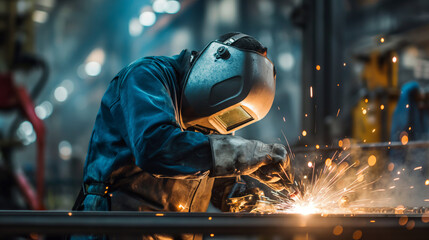 Skilled welder at an Indian factory, focused and wearing safety gear