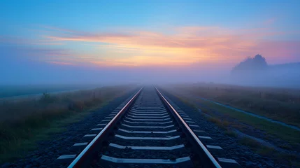 Tuinposter Scenic Dawn on Railway Track: Tranquil Journey Through Nature's Beauty © PrabhjitSingh