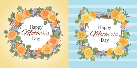 Happy Mother's Day card design with yellow rose wreath frame