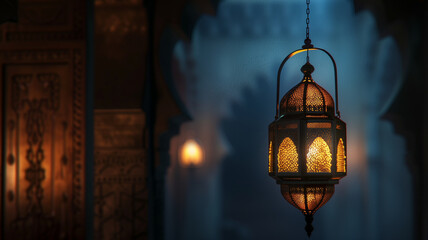 Hanging lantern in old city at night.