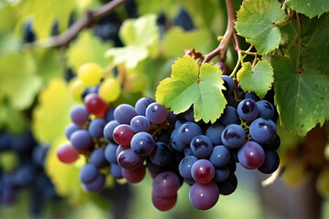 Close up of grapes hanging on branch. Hanging grapes. Grape farming. Grapes farm. Tasty green grape bunches hanging on branch. Grapes