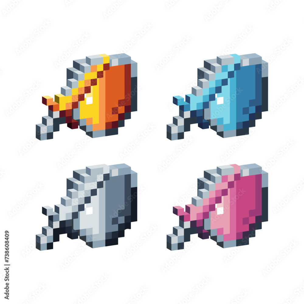 Poster isometric pixel art 3d of shield sword icon for items asset.shield sword icon on pixel bits style.8-