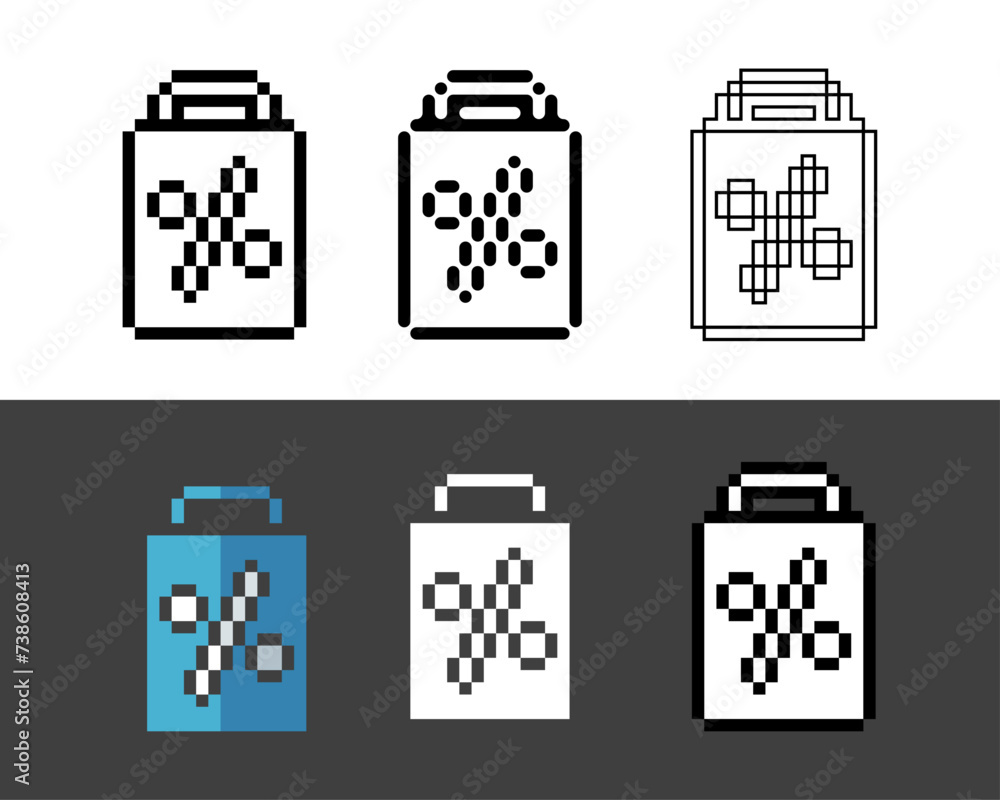 Poster pixel art outline icon of discount bag in variation color. discount icon on pixelated style. 8bits p