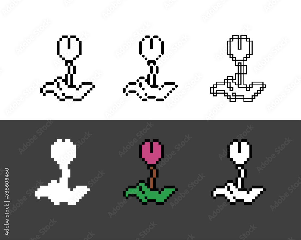 Poster pixel art outline sets icon of tulip flower in variation color. flower icon on pixelated style. 8bit