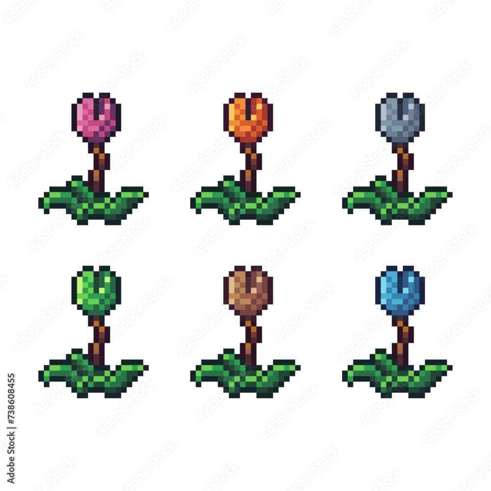 Poster pixel art sets icon of tulip flower in variation color. flower icon on pixelated style. 8bits perfec