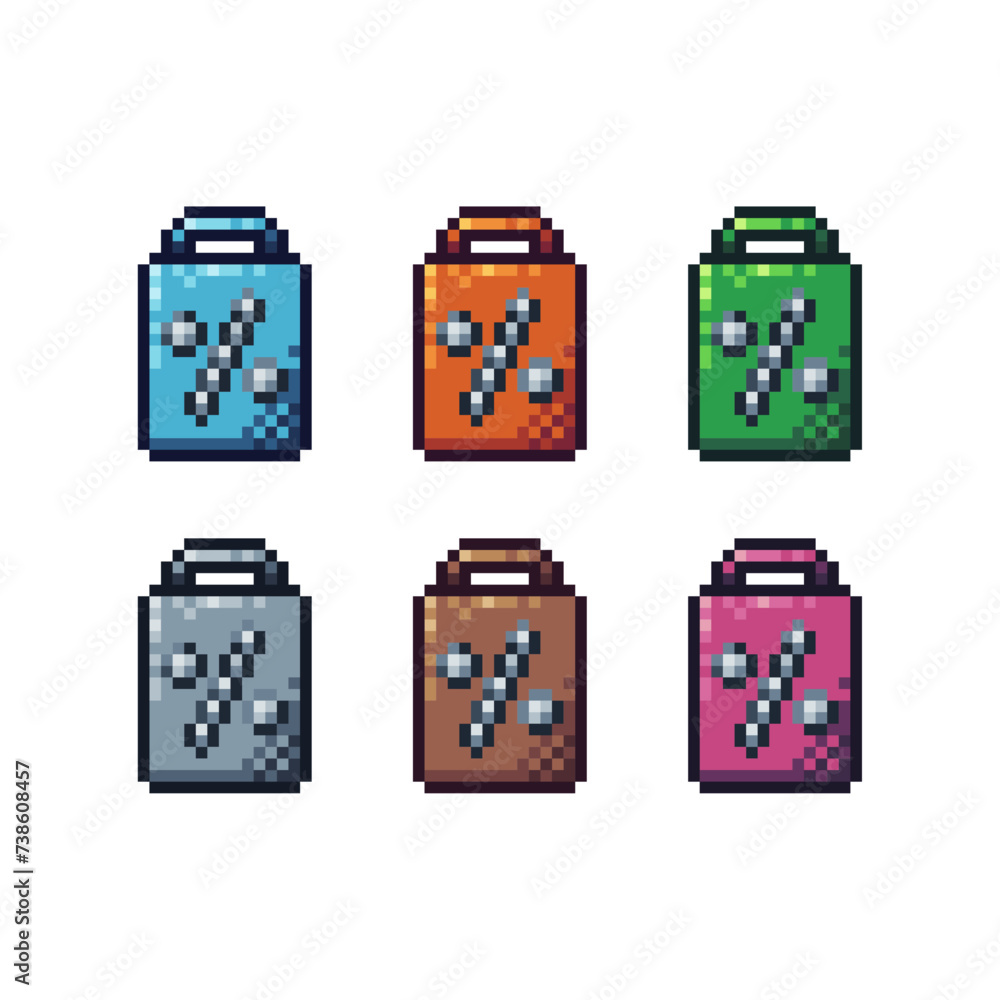 Poster pixel art sets icon of discount bag in variation color. discount icon on pixelated style. 8bits perf