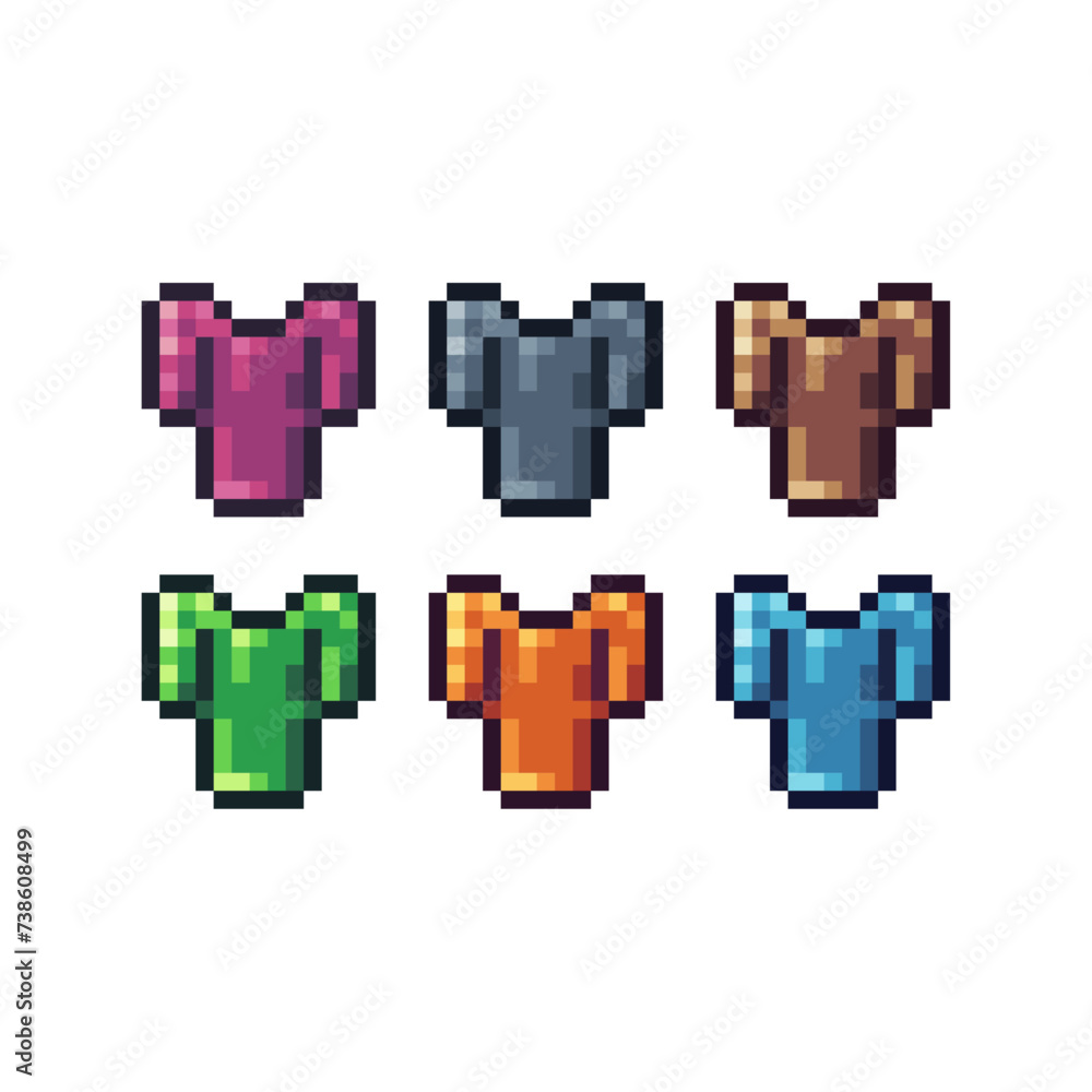 Poster pixel art sets icon of armor in variation color. armor icon on pixelated style. 8bits perfect for ga
