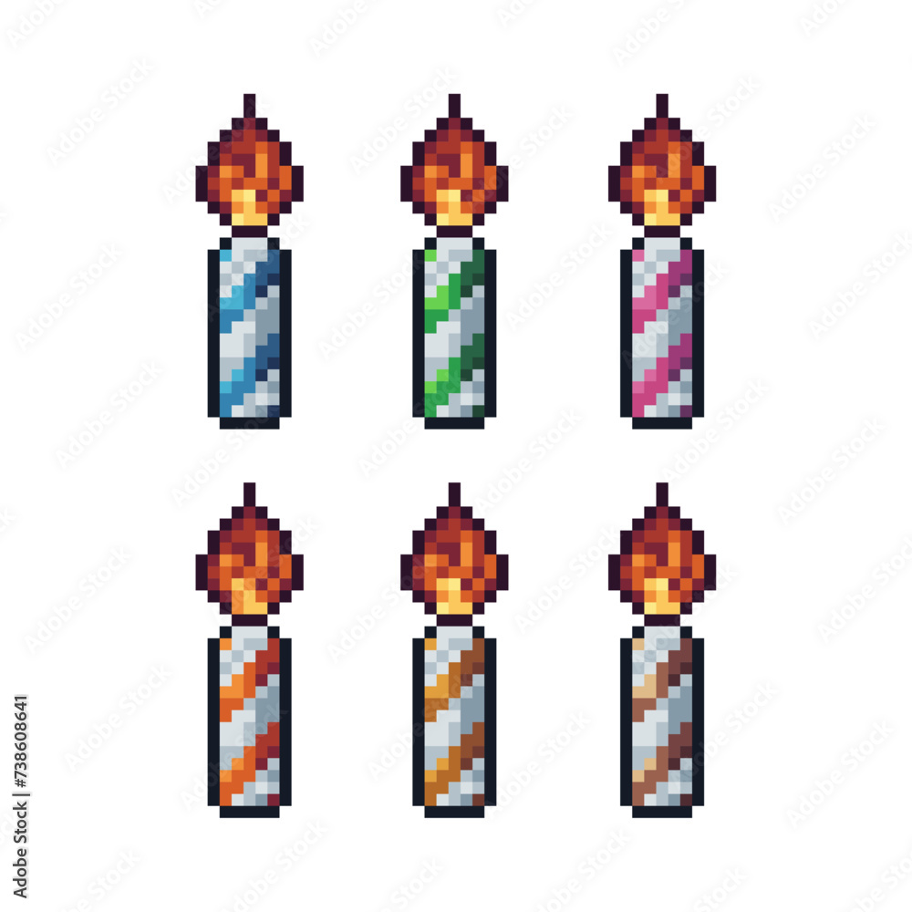 Poster pixel art sets icon of candle in variation color. cake candle icon on pixelated style. 8bits perfect