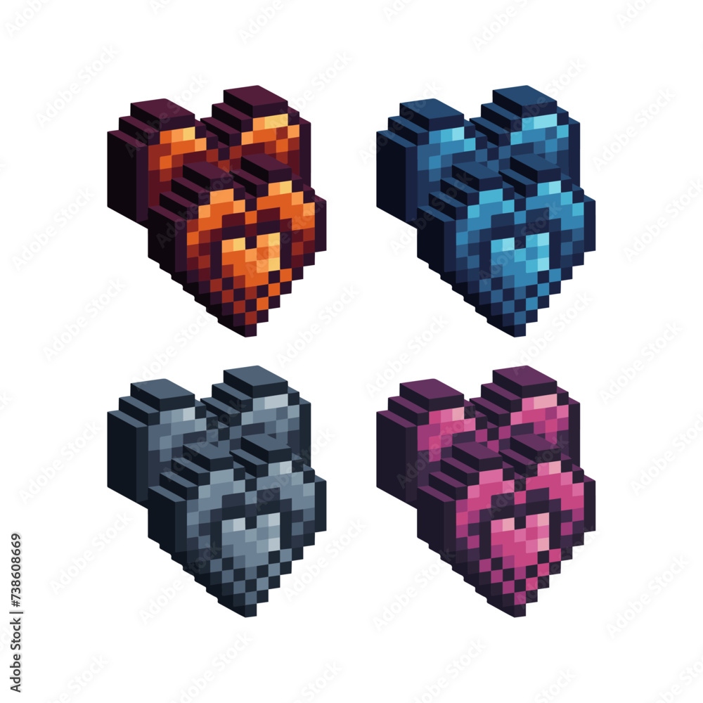 Poster isometric pixel art 3d of heart icon for items asset.heart icon on pixel bits style.8-bits perfect f