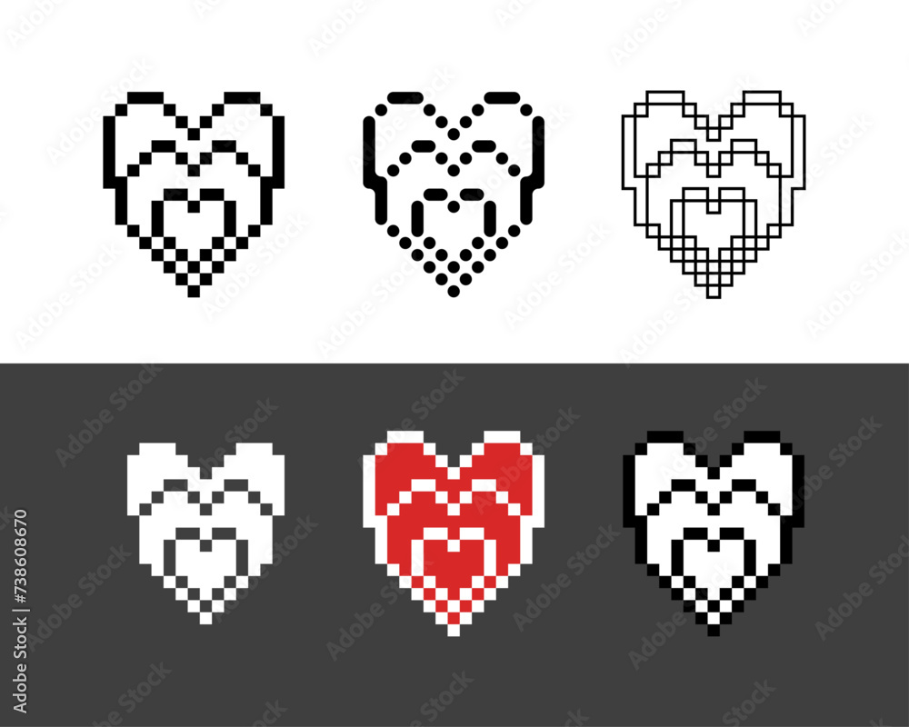 Poster pixel art outline sets icon of heart in variation color. heart icon on pixelated style. 8bits perfec