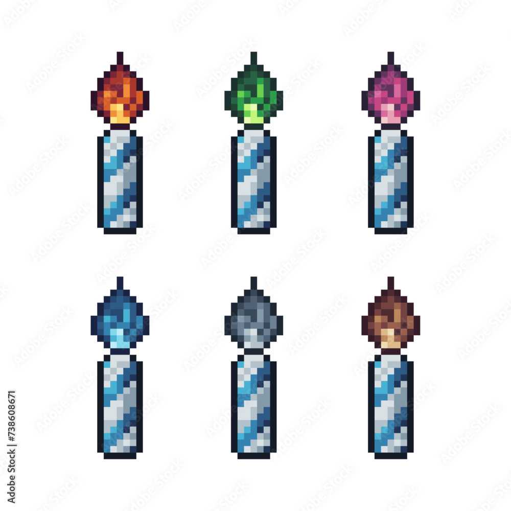 Poster pixel art sets icon of candle in variation color. cake candle icon on pixelated style. 8bits perfect