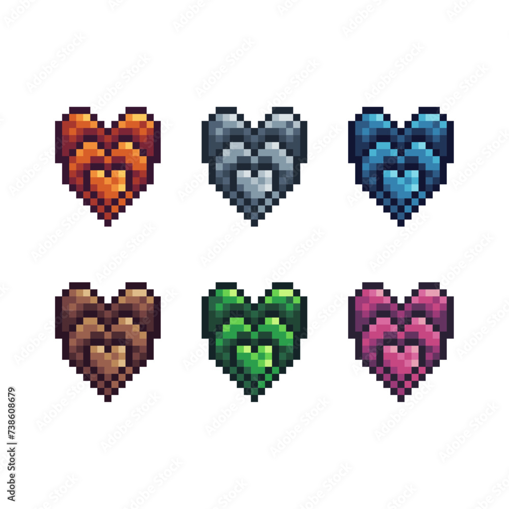 Poster pixel art sets icon of heart in variation color. heart icon on pixelated style. 8bits perfect for ga