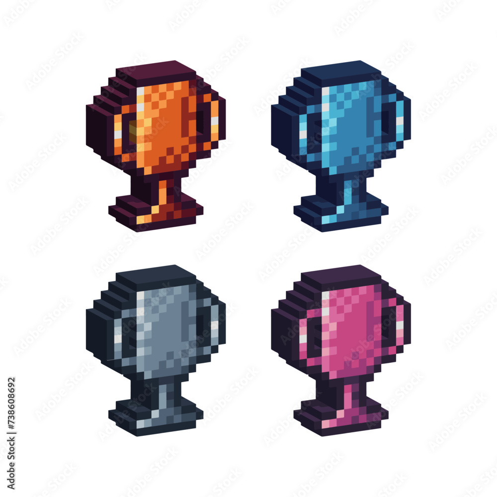 Poster isometric pixel art 3d of cup icon for items asset.winner cup icon on pixel bits style.8-bits perfec