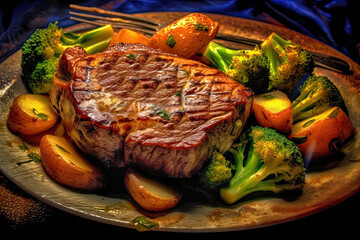 Delicious cooked plated steak meal with vegetables - 738608693