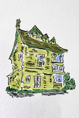 House sketch created with black ink and markers. Color illustration on watercolor paper - 738608801