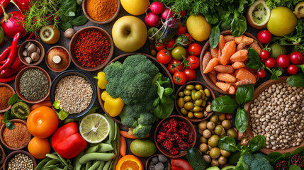 Abundant Vegan Food Spread, Fresh Fruits, Vegetables, and Spices