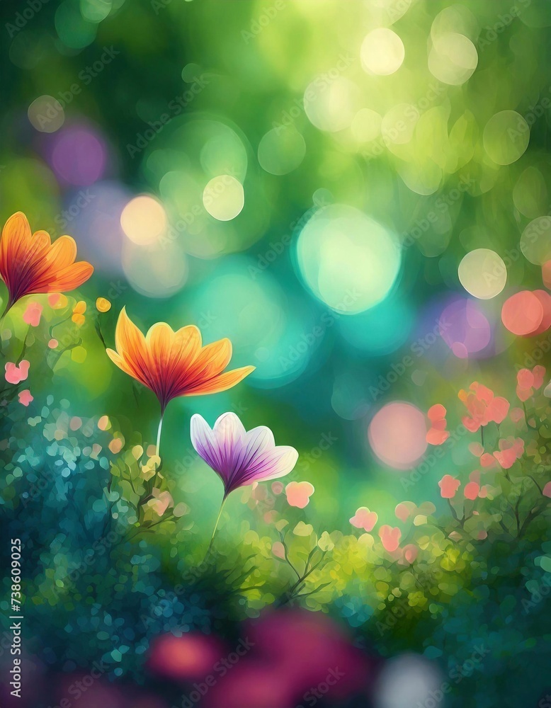 Poster illustration of colorful flowers in a field on a soft green blurred background with bokeh.