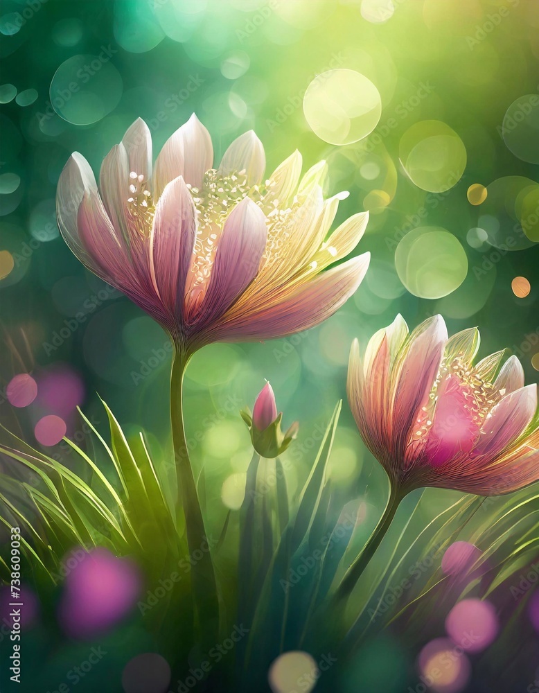 Poster illustration of colorful flowers in a field on a soft green blurred background with bokeh.