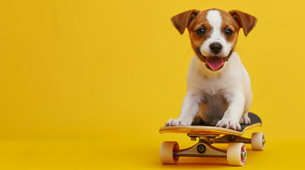 Funny dog puppy on skateboard isolated on yellow background.