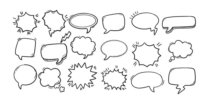 Set of hand drawn speech bubbles, clouds and and doodle elements. Isolated simple vector illustration.