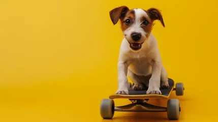 Poster Funny dog puppy on skateboard isolated on yellow background. © Daniel