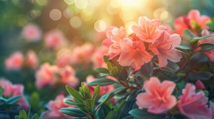 Beautiful bright background of a summer garden with a flowering pink rhododendron bush
