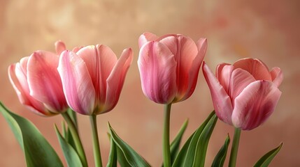 Fototapeta premium Close-up of pink tulip flowers on a beige background with space for text