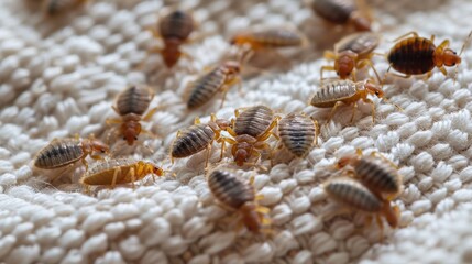 A bedbug colony can be seen on a white sheet on a bed in the bedroom from a top view