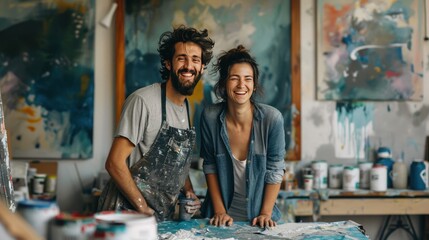 Fototapeta na wymiar Laughing Artist Couple in Paint-Splattered Studio