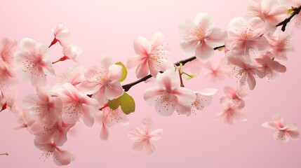 Fototapeta na wymiar Fresh quince blossom, beautiful pink flowers falling in the air isolated on pink background. Zero gravity or levitation, spring flowers conception, high resolution image