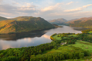 Aerial view of a Summer afternoon at Ullswater seen from Gowbarrow Fell in The Lake District, UK.  - 738610857