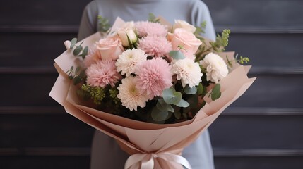 Great bouquet of pink chrysanthemum hydrangea and roses wrapped in paper in woman hands. Floral shop concept. Handsome fresh bouquet