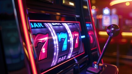 Slot Machine Displaying Lucky Sevens and Bar Symbols. - obrazy, fototapety, plakaty