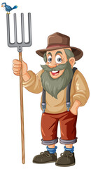 Obraz premium Smiling cartoon farmer holding a pitchfork with a bird.
