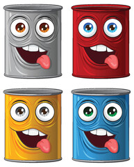 Four animated paint cans showing different emotions.