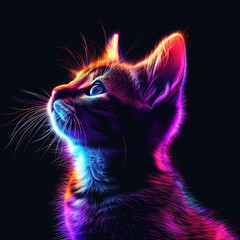 Cute cat neon isolated black background 8K
