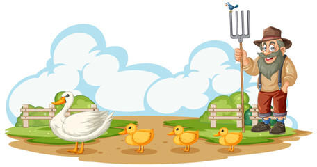 Cheerful farmer standing with ducks and a goose.