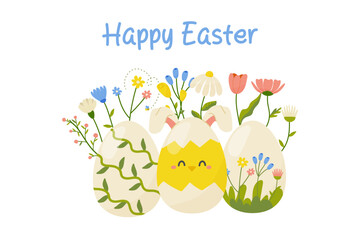 happy easter, easter egg on white background with flowers, decor for your card, greetings. vector illustration