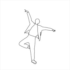 Dancing male silhouette, ballerina, ballet pose, continuous line drawing, small tattoo, print for clothes and logo design, emblem or logo design, isolated vector illustration.