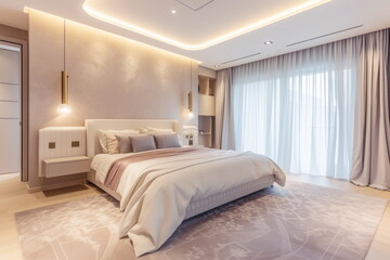 Renovated bedroom with modern furniture in pastel colors. Contemporary renovation exudes sleek charm with clean lines and minimalist design
